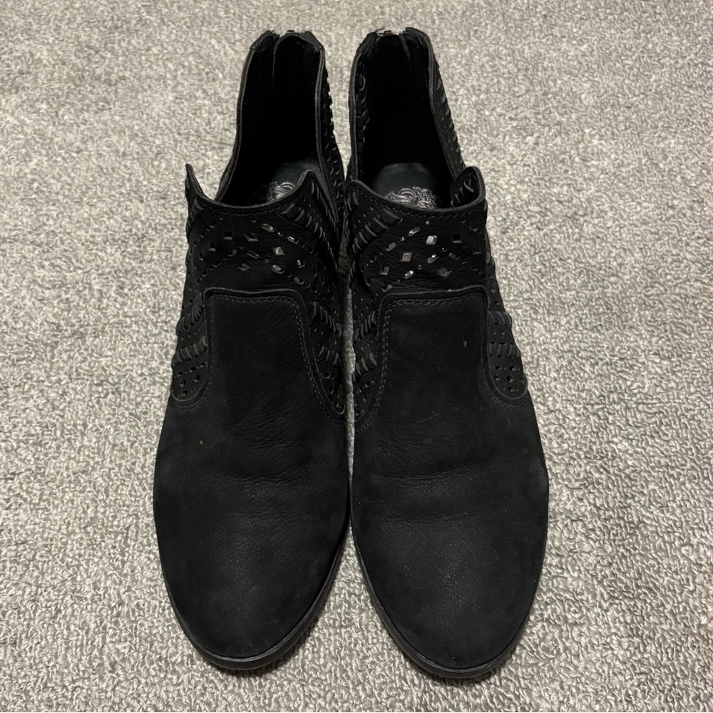 Vince Camuto Black Suede Ankle Booties with Laser-Cut Detail